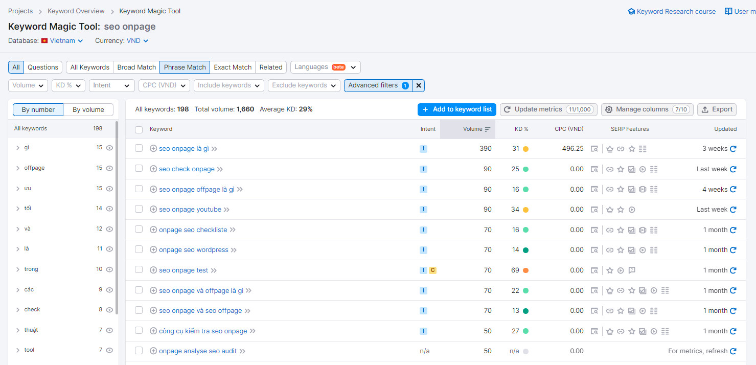 Sử dụng SEMRush để tìm và lọc từ khóa dài trên 3 từ