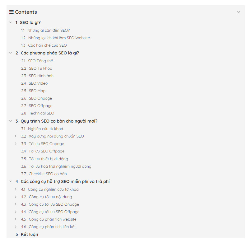 Ví dụ về việc sử dụng mục lục cho bài viết
